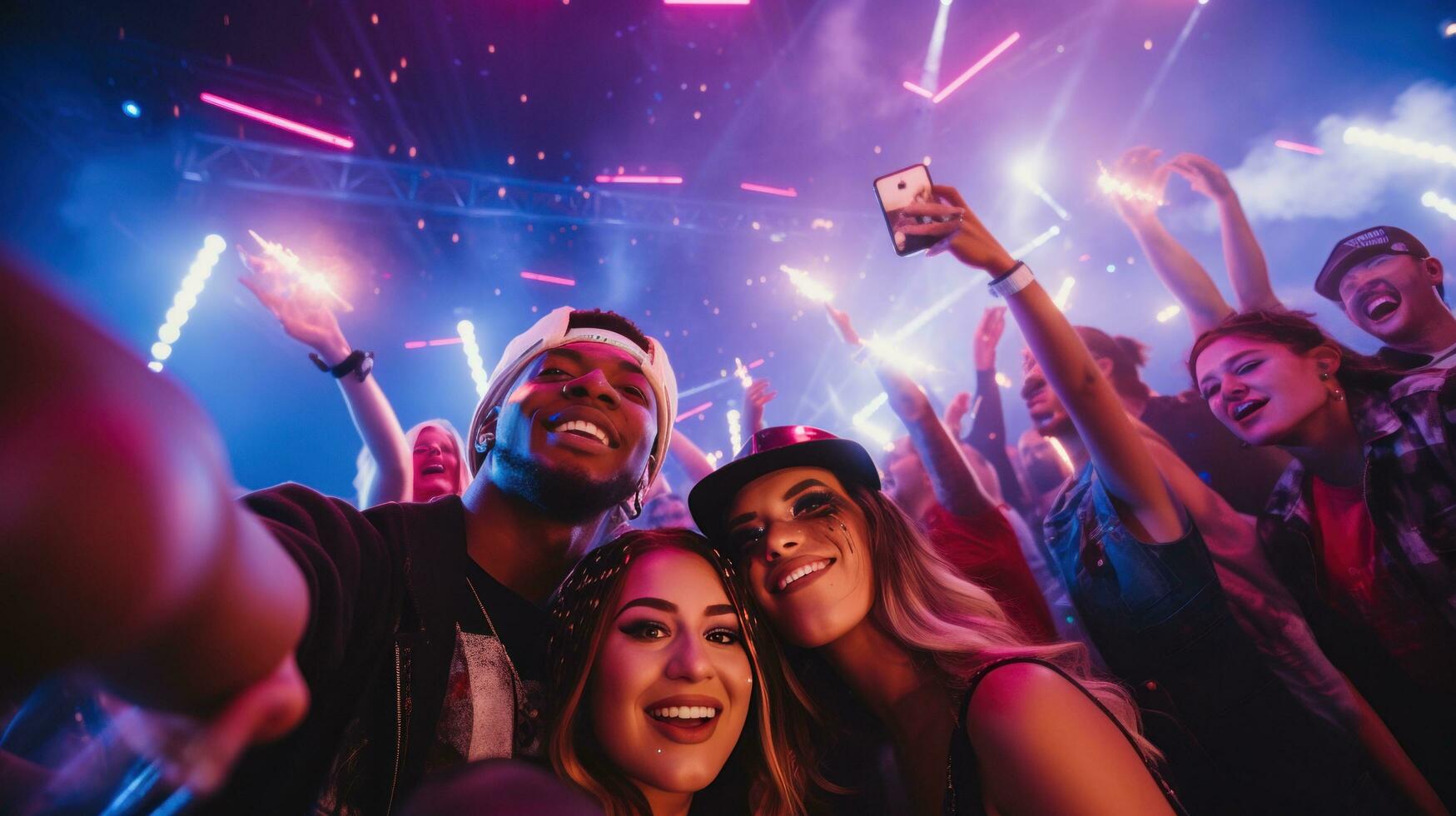 ai generado un grupo de personas en de moda trajes posando para un selfie con el DJ en el fondo, foto