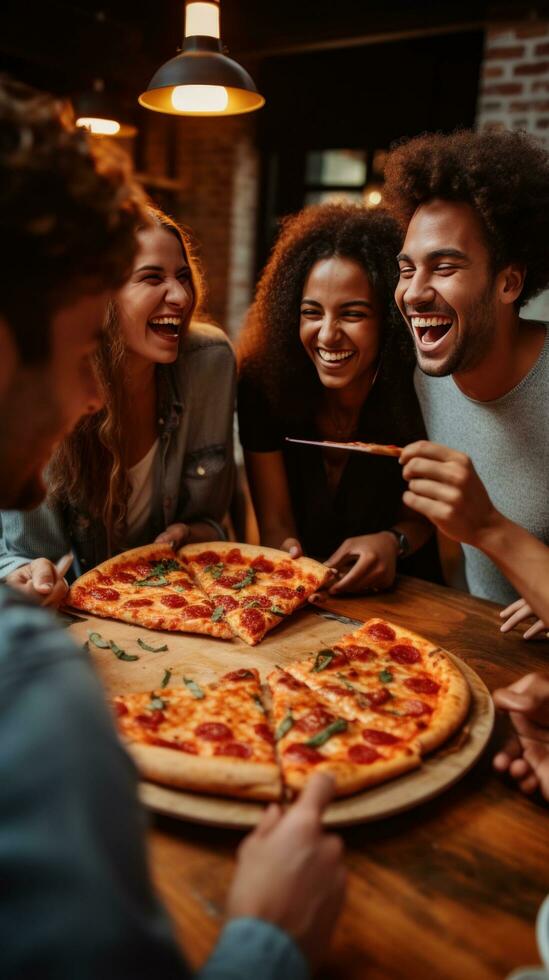AI generated group of friends gathered around a table, each holding a slice of pizza with big smiles on their faces photo