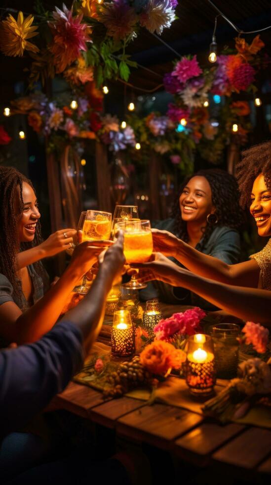 AI generated A group of friends clinking their drinks together in a toast at a table decorated photo