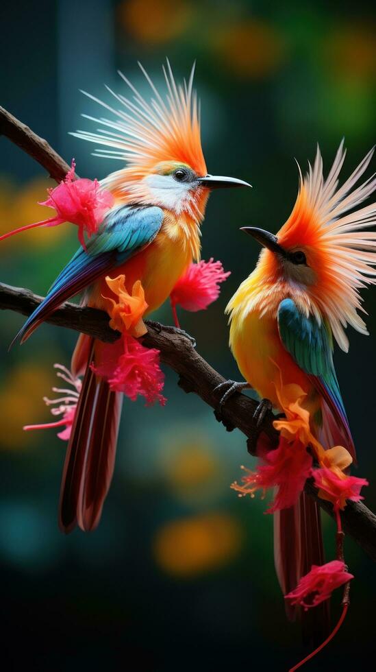 ai generado un par de tropical aves comprometido en un juguetón danza foto