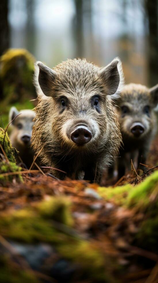AI generated A family of wild boars foraging through the forest floor, their distinctive snouts and bristly fur on full display photo
