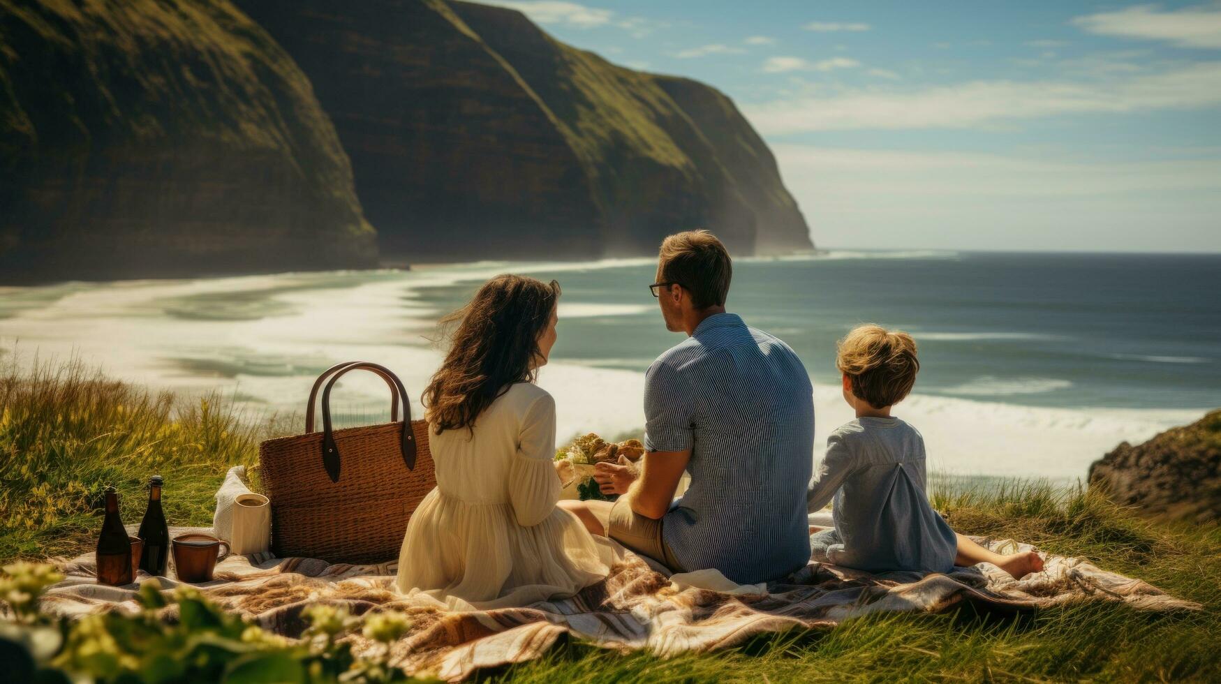 AI generated A family having a picnic on a secluded beach, with a backdrop of towering cliffs and crashing waves photo