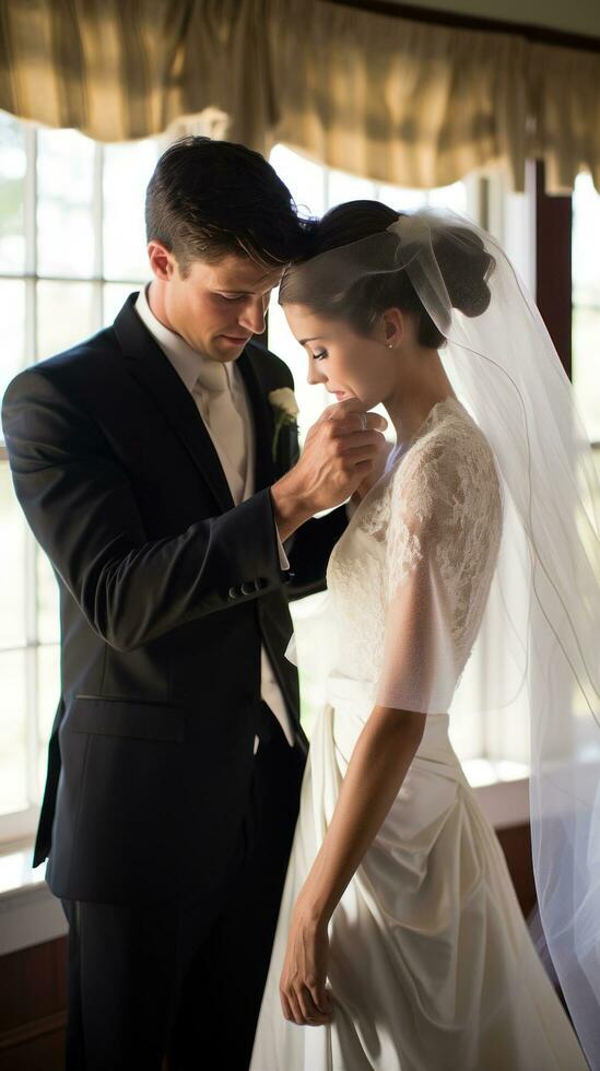 AI generated A groom helping his bride adjust her veil before walking down the aisle photo