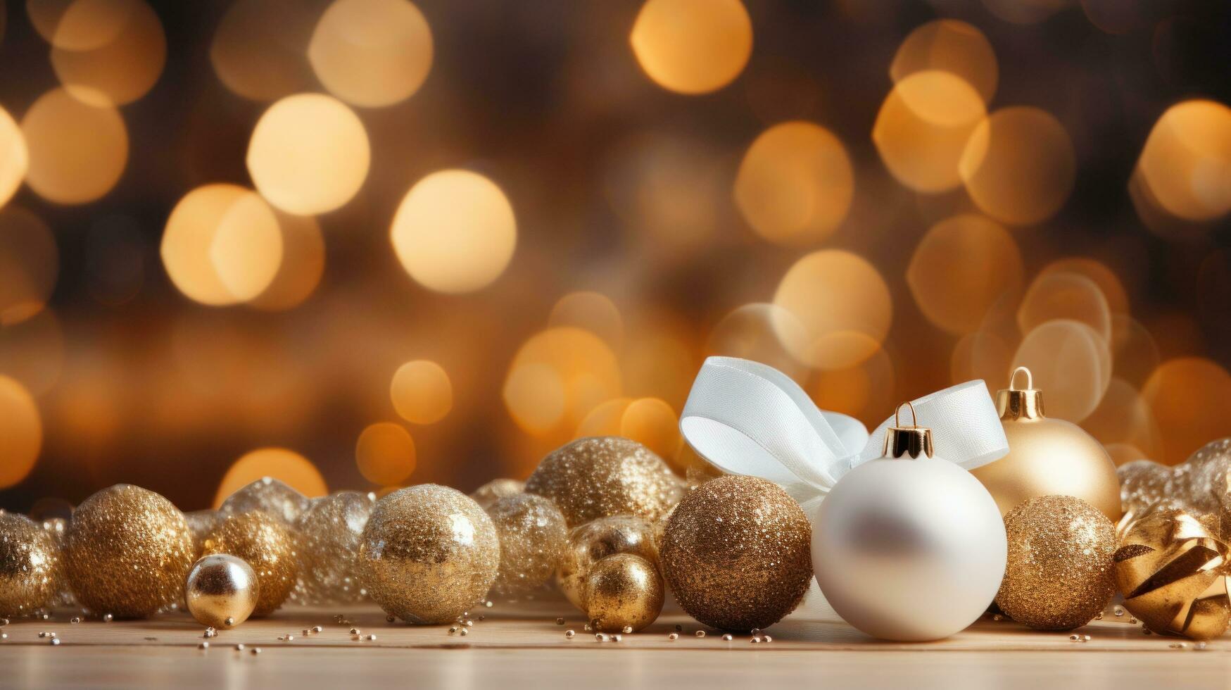 AI generated glamorous Christmas composition with gold and white ornaments and glitter background photo