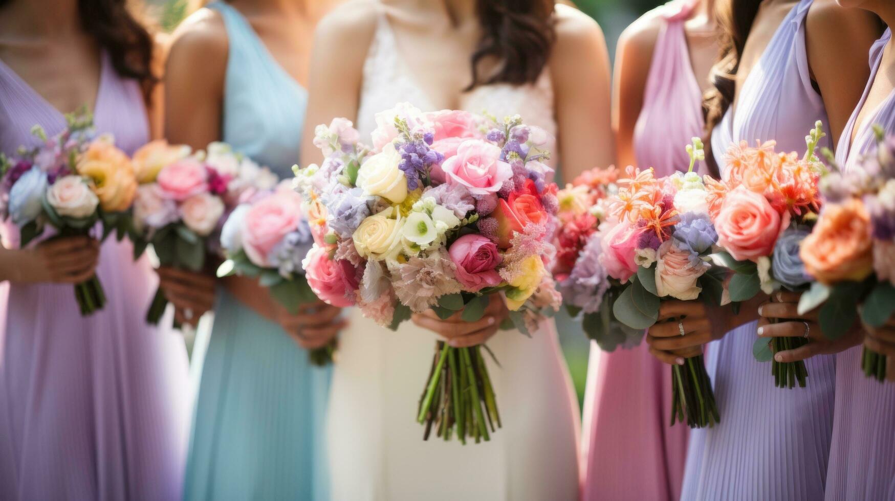 ai generado un grupo de damas de honor participación vistoso ramos de flores mientras en pie en un lozano jardín. foto