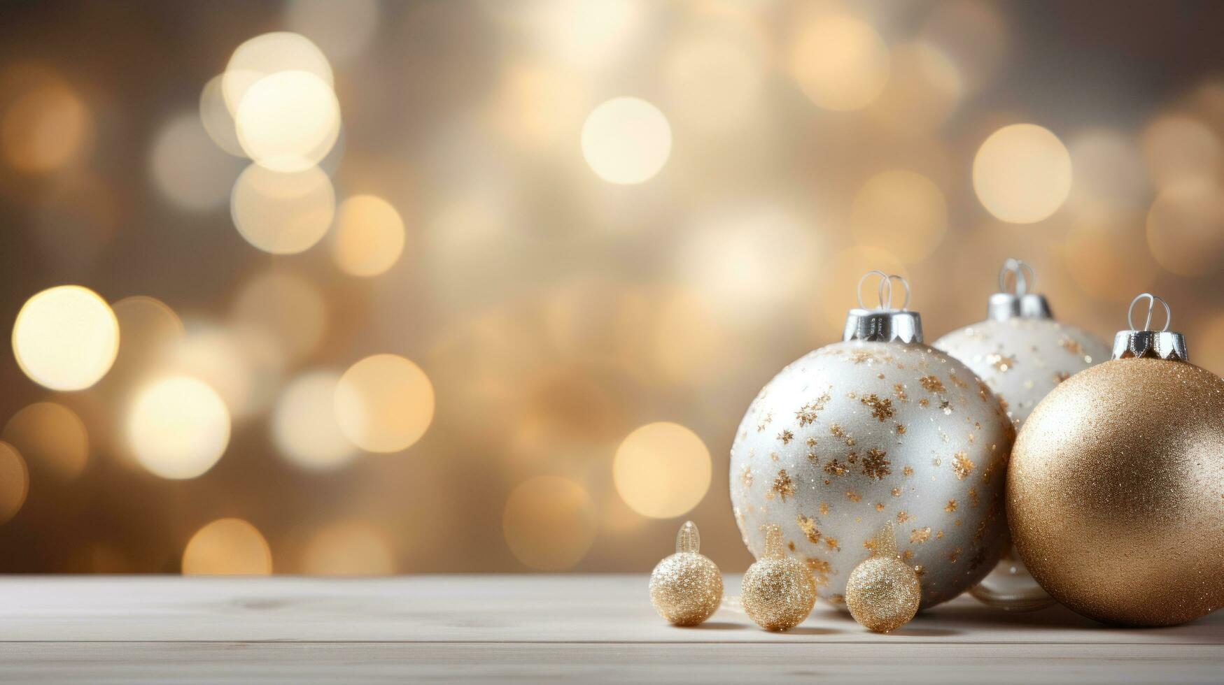 AI generated glamorous Christmas composition with gold and white ornaments and glitter background photo