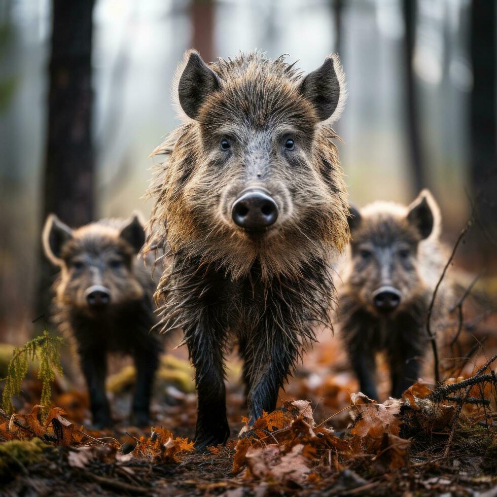 AI generated A family of wild boars foraging through the forest floor, their distinctive snouts and bristly fur on full display photo