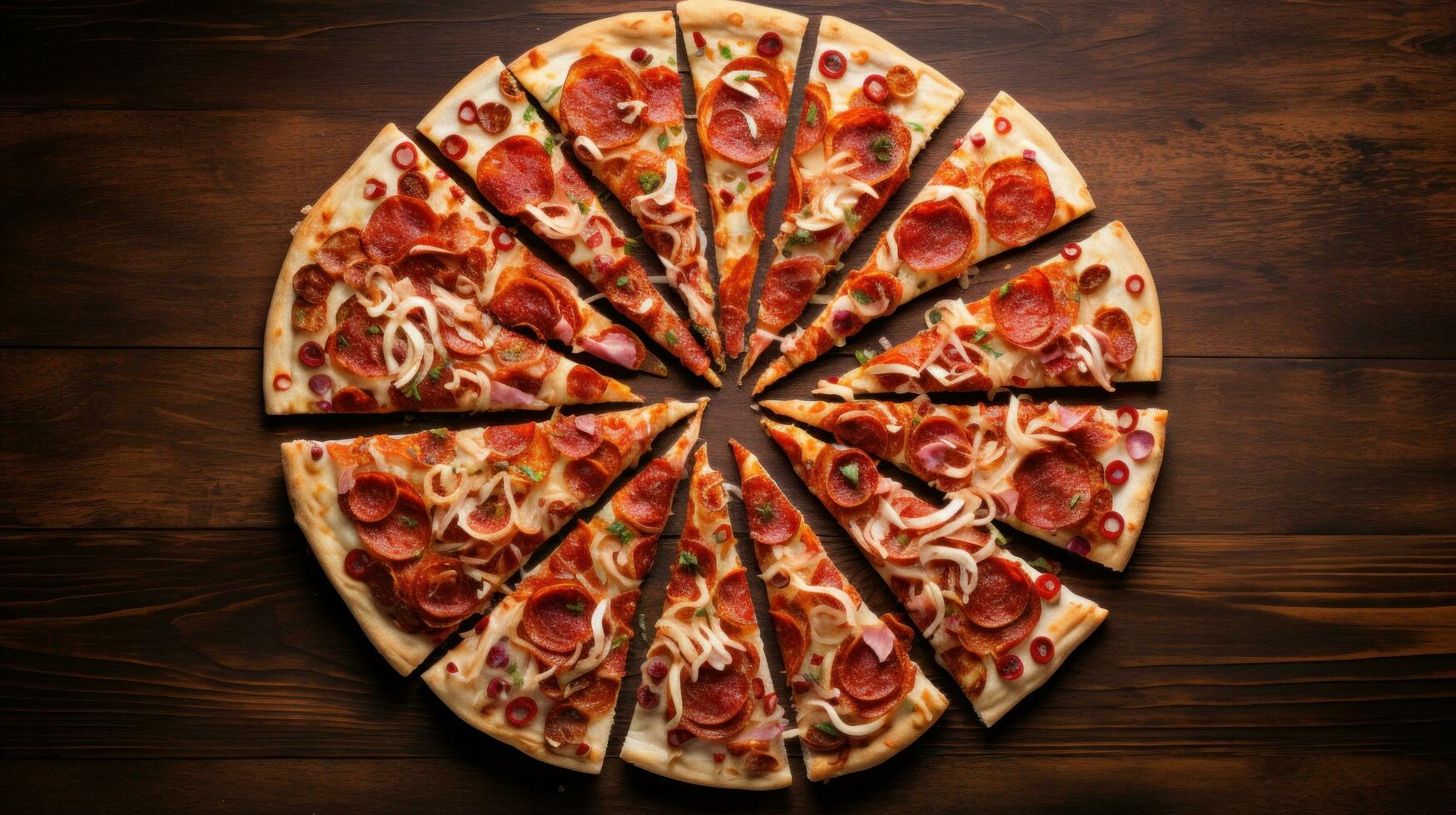 AI generated pizza slices arranged in a spiral pattern, emphasizing the symmetrical beauty of the pizza photo