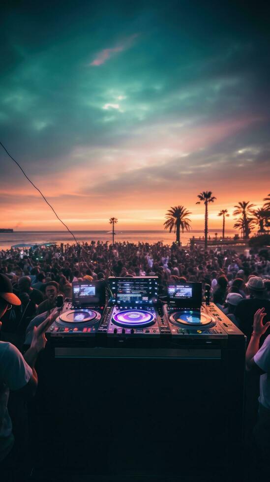 AI generated A DJ booth on the beach with a crowd of people dancing and having fun in the background photo