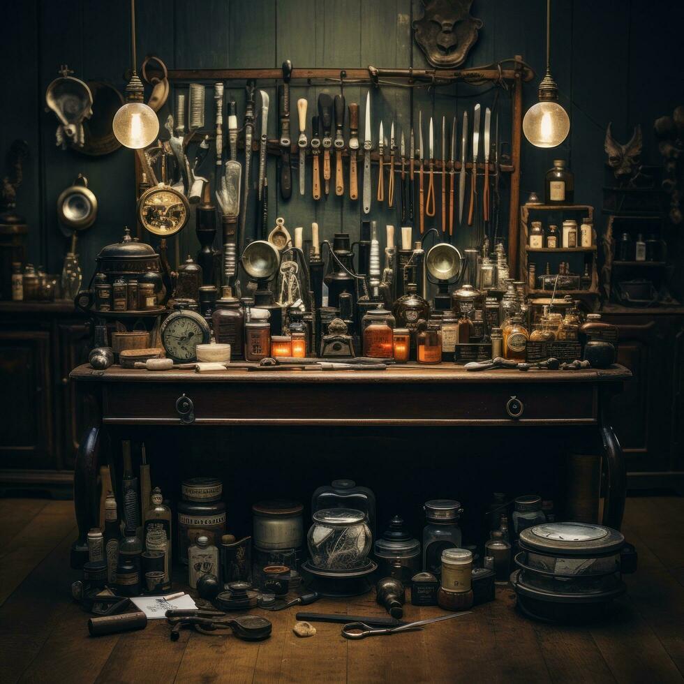 AI generated barber's tools arranged, including scissors, combs, razors, and other implements of the trade. photo