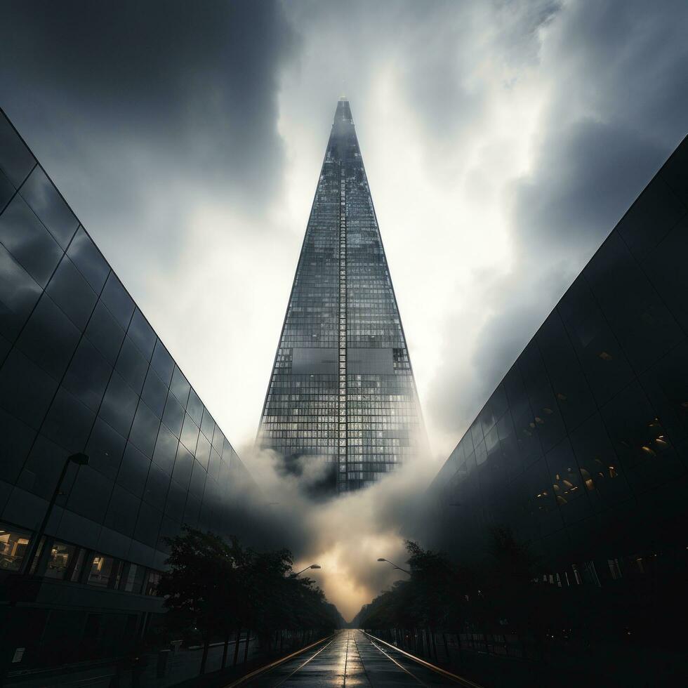 AI generated skyscraper piercing through a blanket of clouds, the power and ambition of modern architecture photo