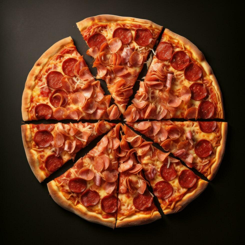 AI generated pizza slices arranged in a spiral pattern, emphasizing the symmetrical beauty of the pizza photo