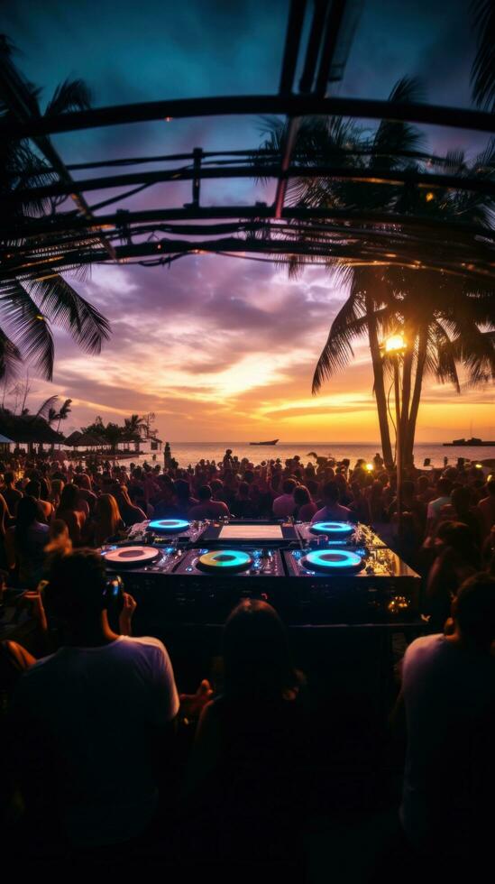 AI generated A DJ booth on the beach with a crowd of people dancing and having fun in the background photo