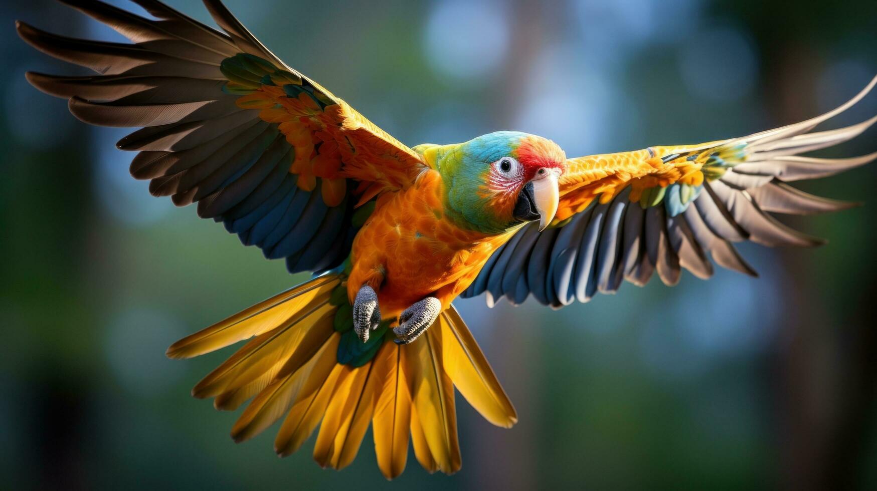 AI generated A colorful parrot in mid-flight, with its wings spread wide and its feathers a rainbow of colors photo