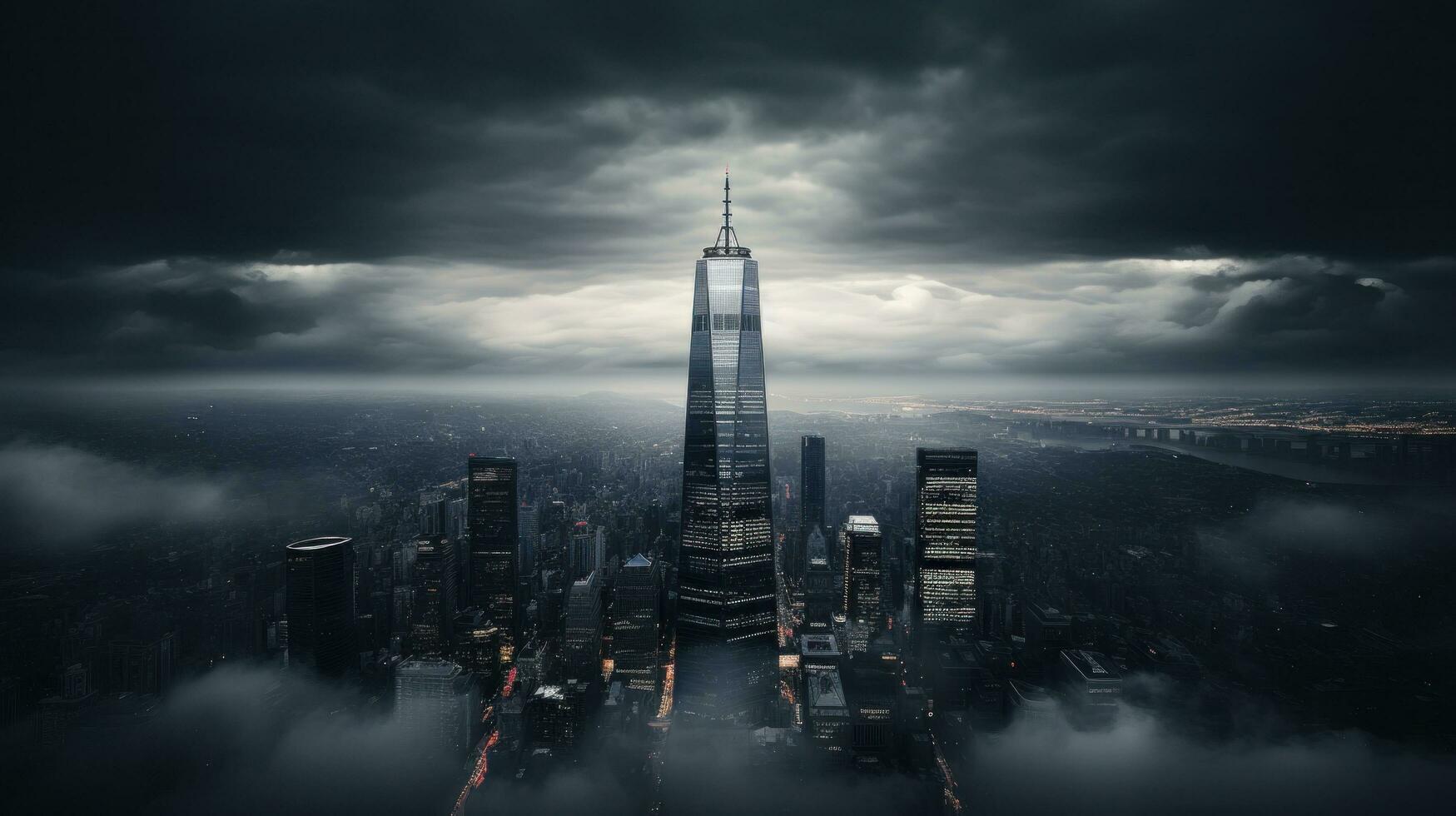 ai generado rascacielos perforación mediante un cobija de nubes, el poder y ambición de moderno arquitectura foto
