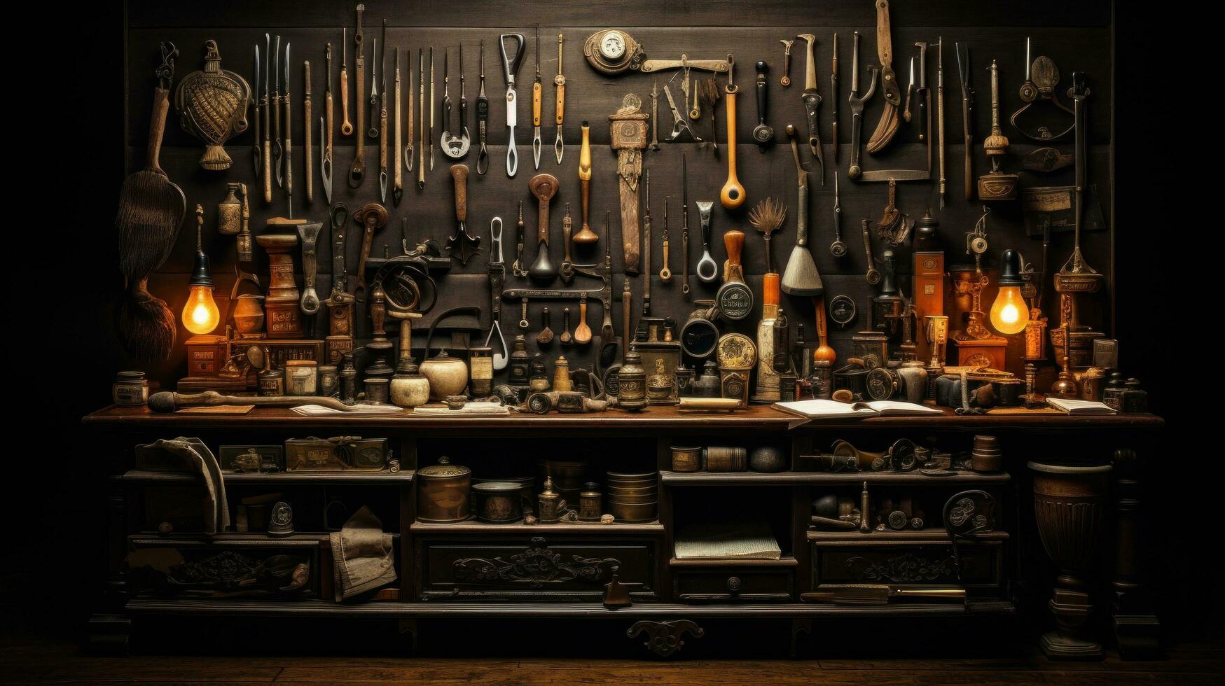 AI generated barber's tools arranged, including scissors, combs, razors, and other implements of the trade. photo