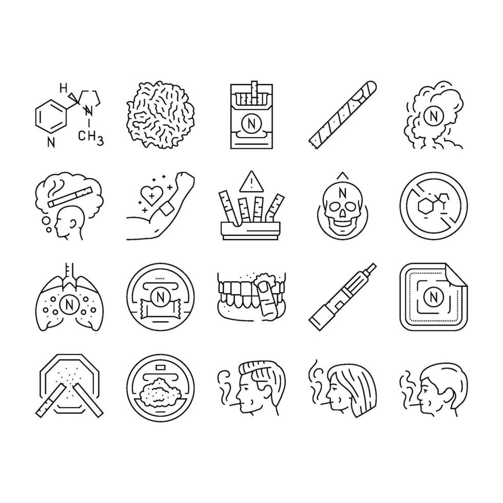 nicotine cigarette tobacco smoke icons set vector