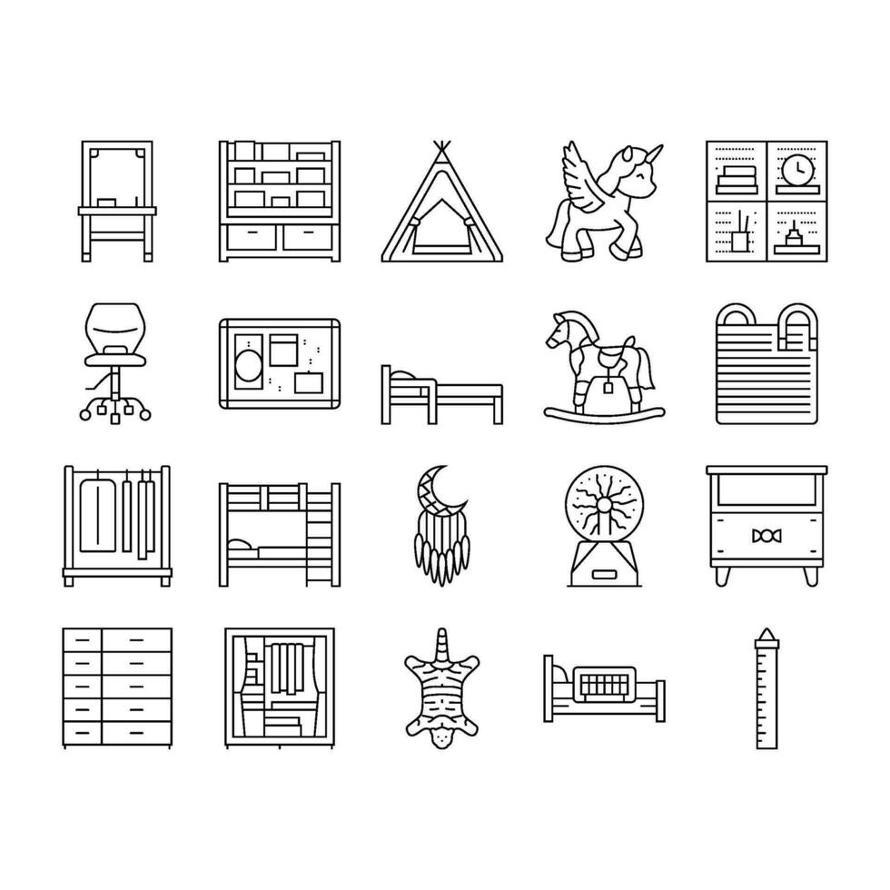 kid bedroom room interior icons set vector