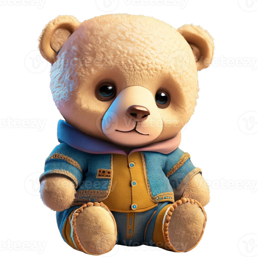 AI generated A stuffed animal toy of a cute teddy bear wearing blue baby clothes. png