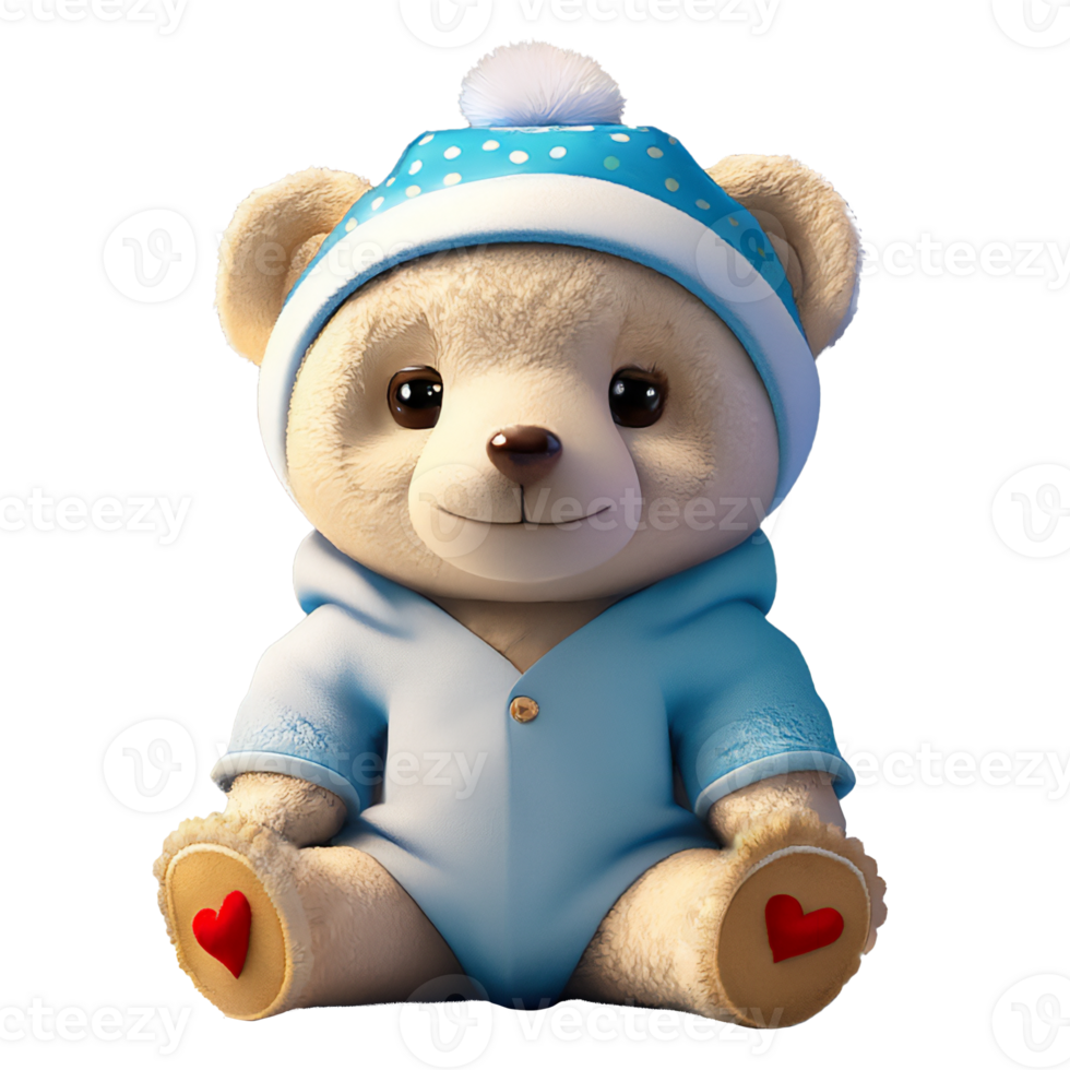 AI generated A stuffed animal toy of a cute teddy bear wearing blue baby clothes. png