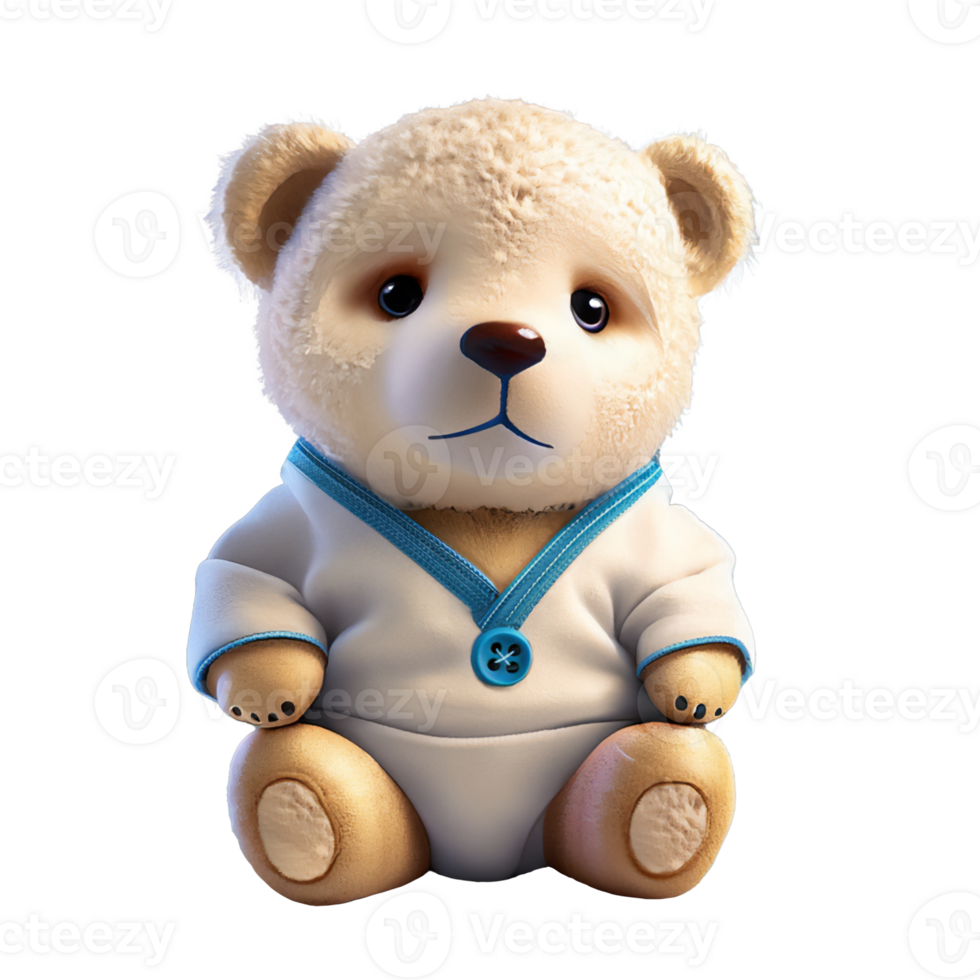 AI generated A stuffed animal toy of a cute teddy bear wearing blue baby clothes. png