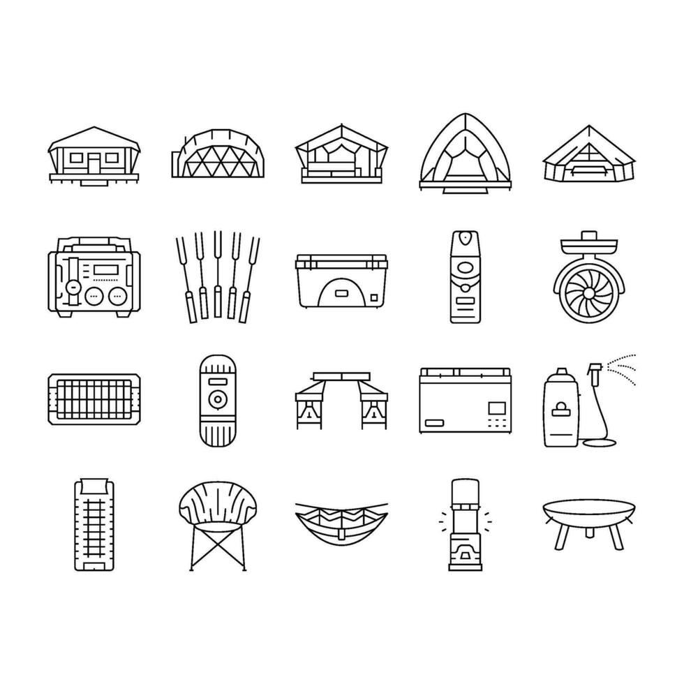 glamping tent nature luxury icons set vector