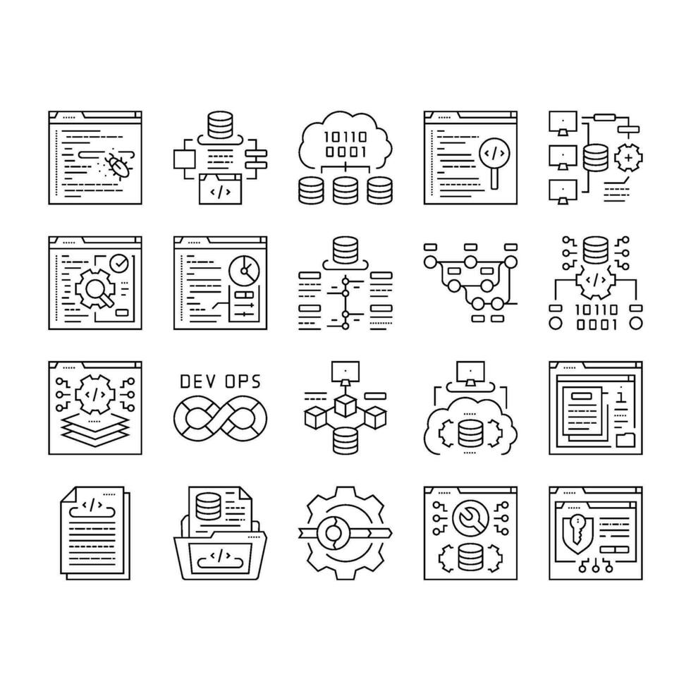 software ingeniero computadora código íconos conjunto vector