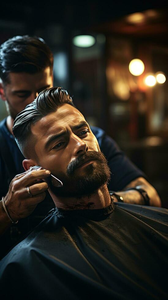 AI generated barber's hand holding a straight razor poised to shave a client's beard photo