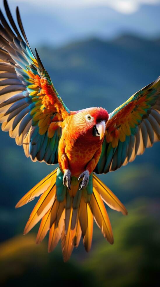 ai generado un vistoso loro en en pleno vuelo, con sus alas untado amplio y sus plumas un arco iris de colores foto