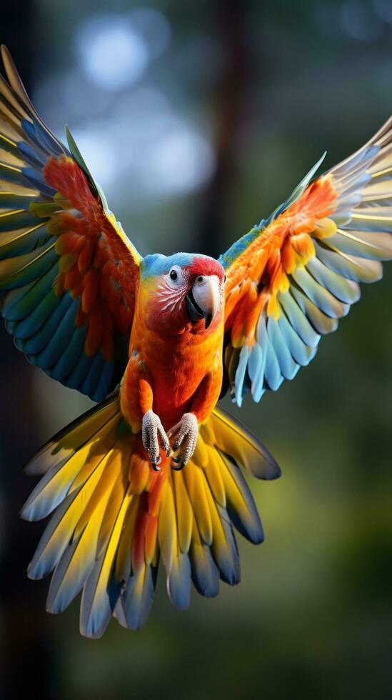 ai generado un vistoso loro en en pleno vuelo, con sus alas untado amplio y sus plumas un arco iris de colores foto