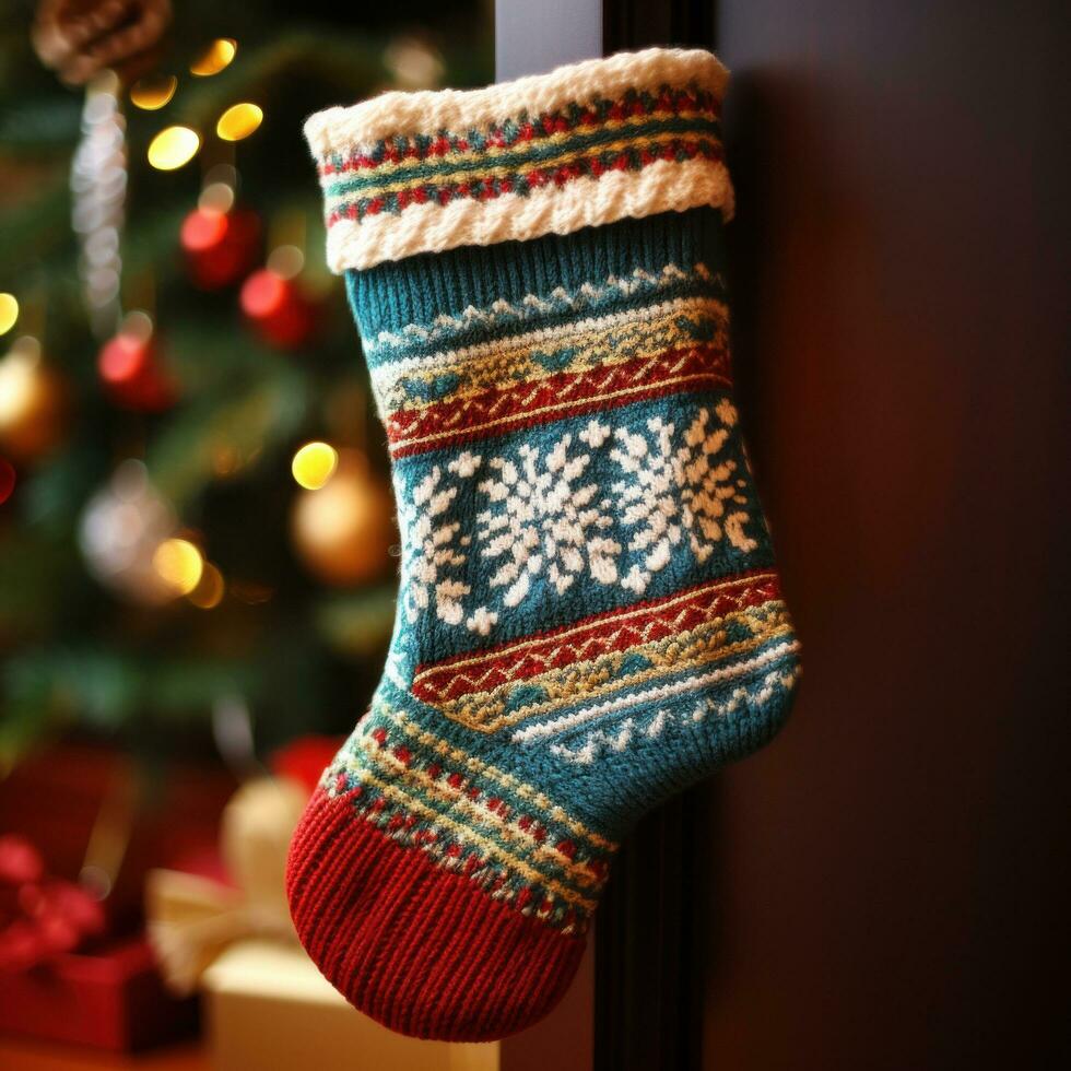 AI generated knitted Christmas stocking with a festive design photo