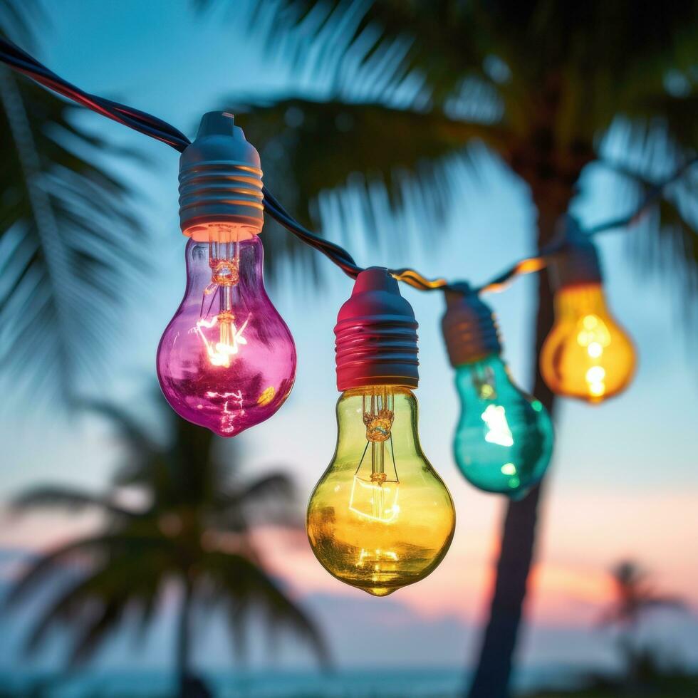 AI generated light bulb garland hanging between two palm trees on a beach photo