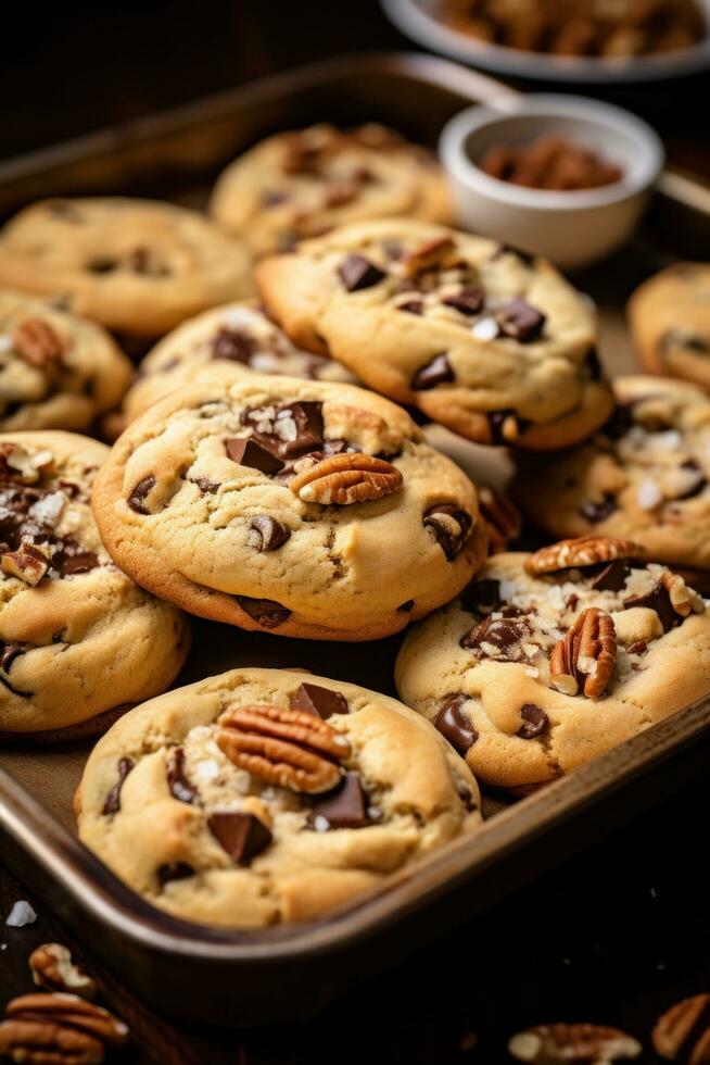 AI generated tray of freshly baked cookies, with chocolate chips and chunks of nuts peeking out from the dough. photo