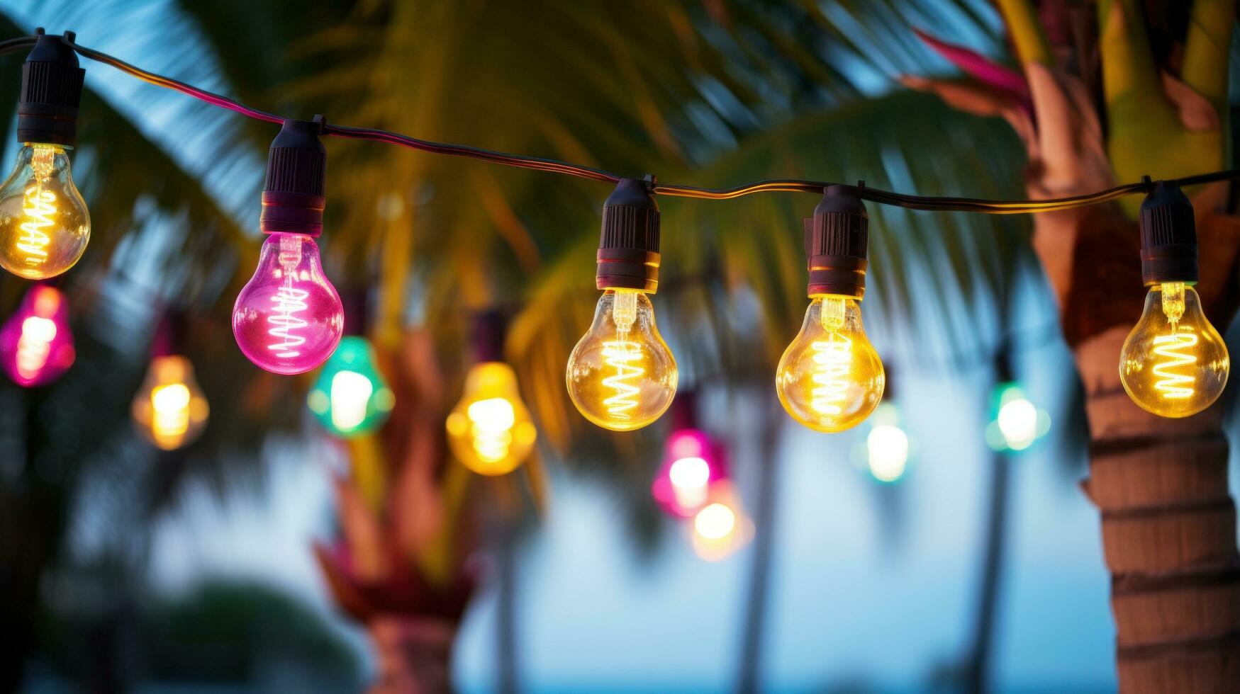 AI generated light bulb garland hanging between two palm trees on a beach photo