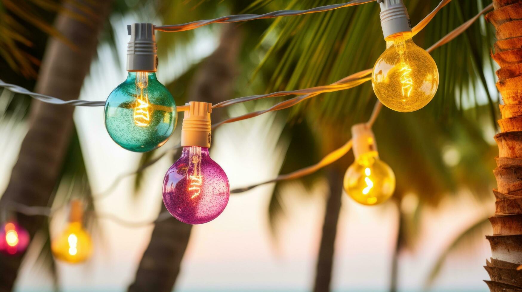 AI generated light bulb garland hanging between two palm trees on a beach photo