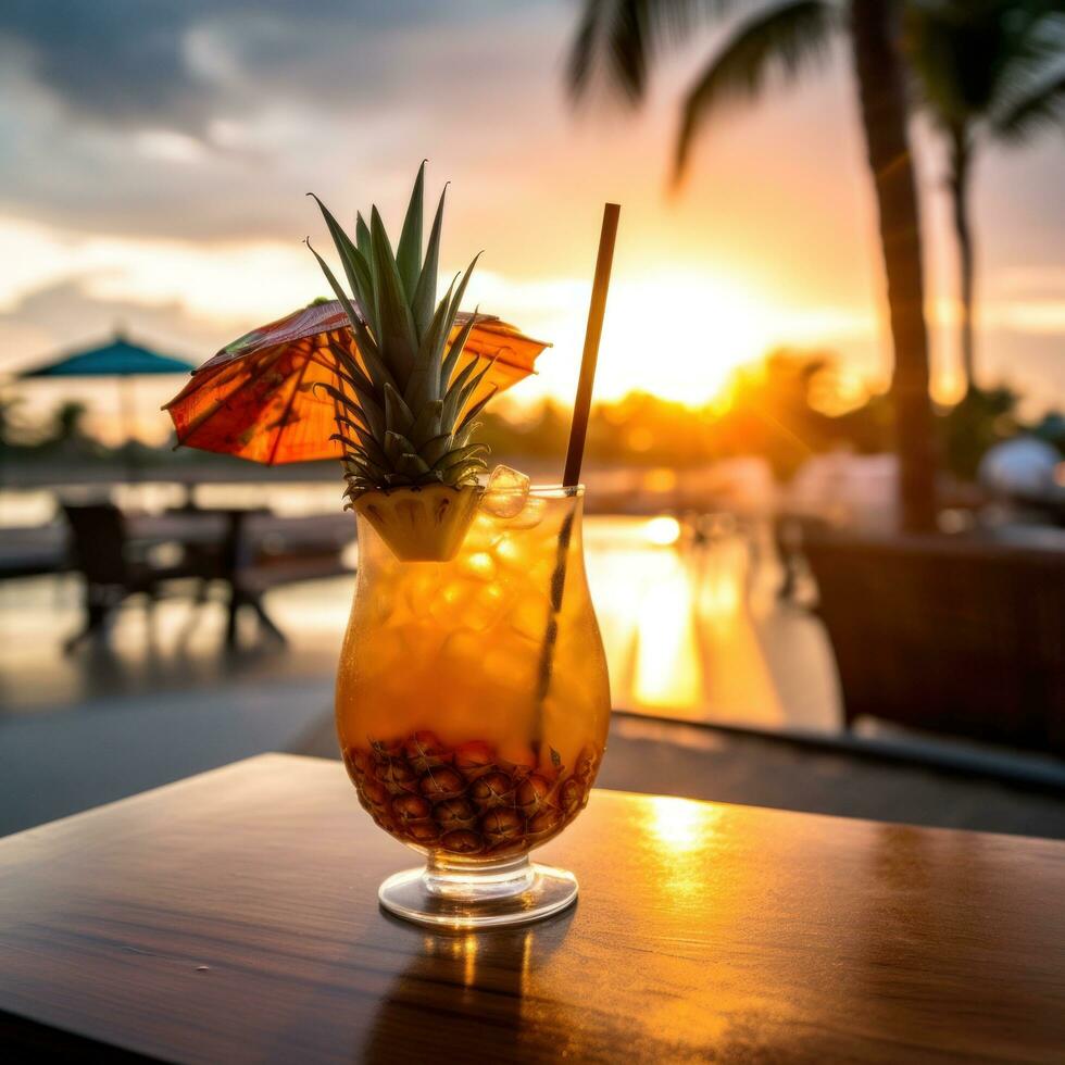 ai generado refrescante tropical bebida con un piña cuña y paraguas foto