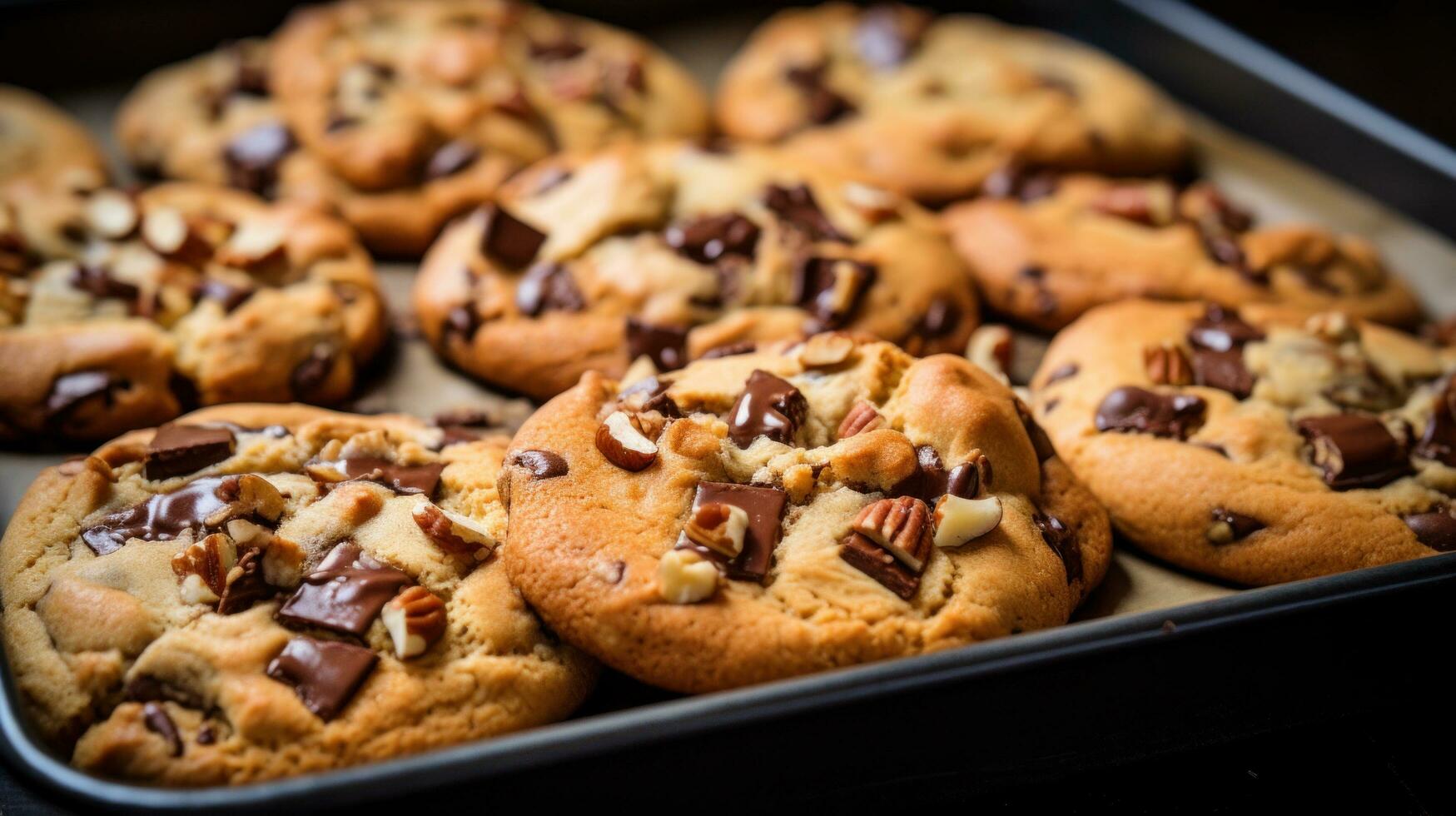 AI generated tray of freshly baked cookies, with chocolate chips and chunks of nuts peeking out from the dough. photo