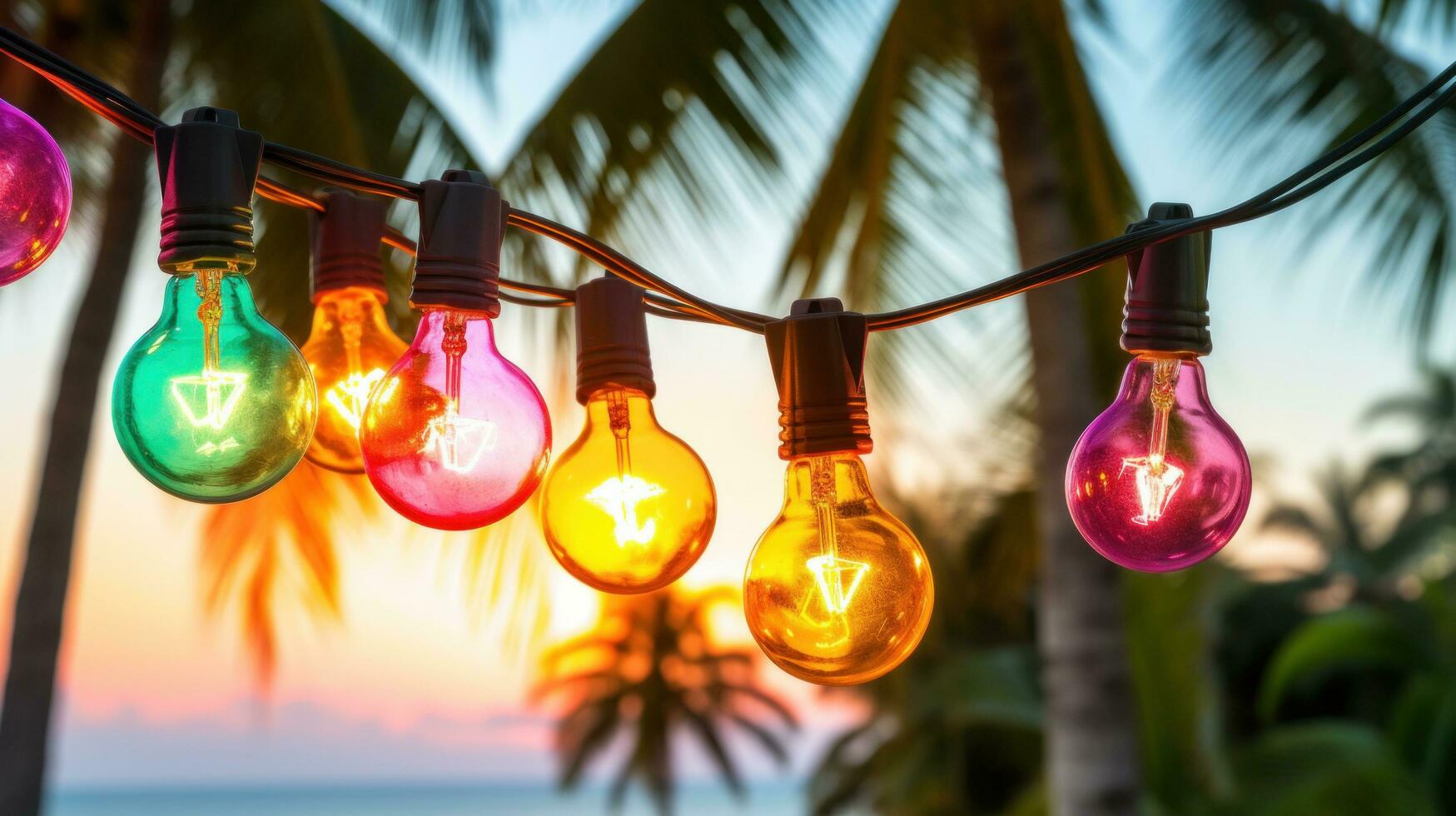 AI generated light bulb garland hanging between two palm trees on a beach photo