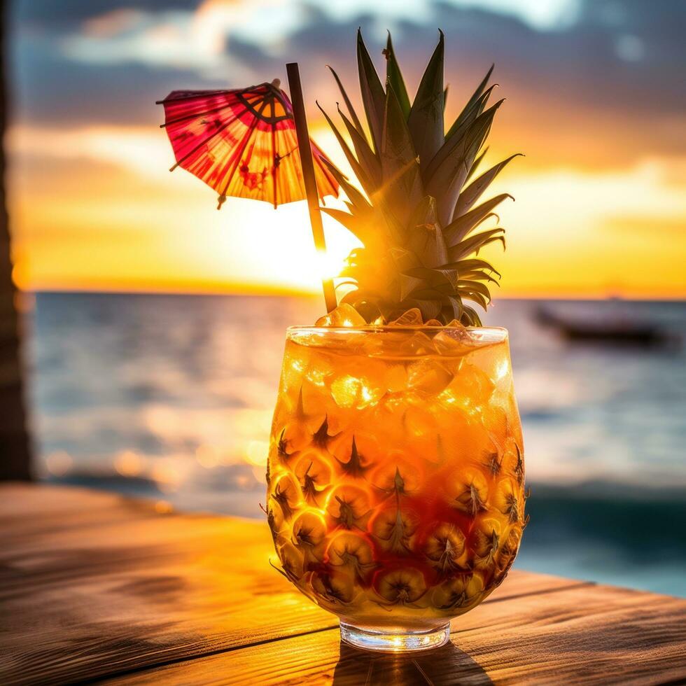 AI generated refreshing tropical drink with a pineapple wedge and umbrella photo