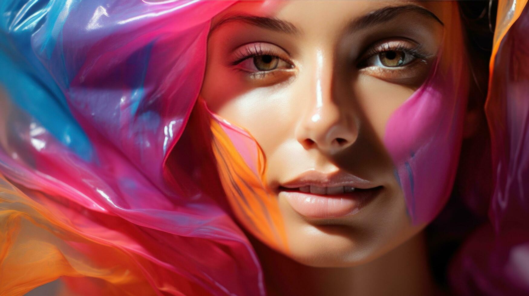 AI generated woman's face with a sheet mask on. The mask is brightly colored and covers most of her skin. photo