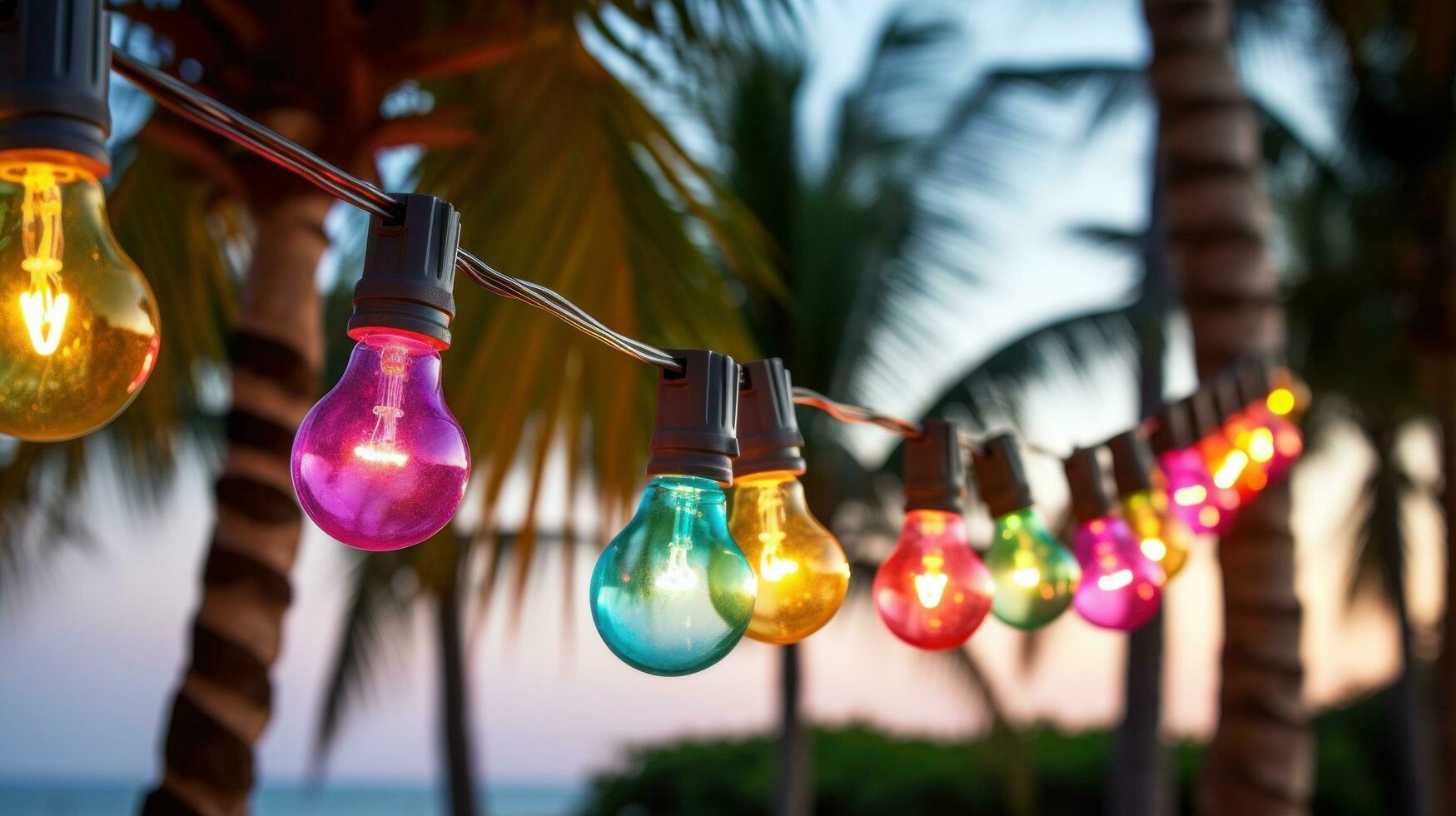 AI generated light bulb garland hanging between two palm trees on a beach photo