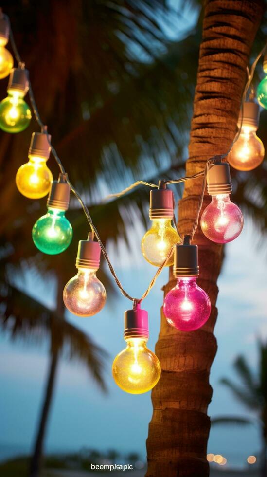 AI generated light bulb garland hanging between two palm trees on a beach photo