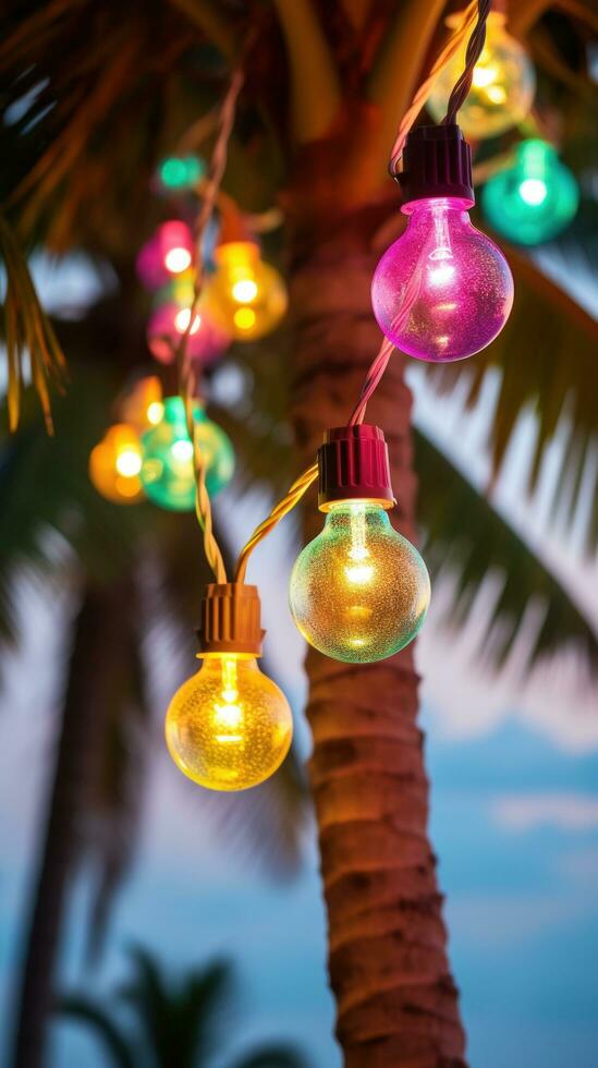 AI generated light bulb garland hanging between two palm trees on a beach photo