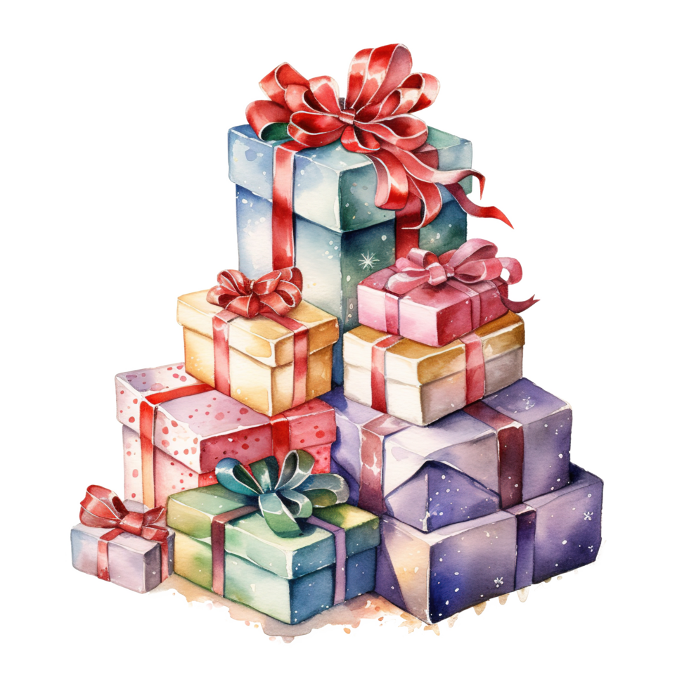 AI generated Pile of Giftboxes For Christmas Event. Watercolor Style. AI Generated png