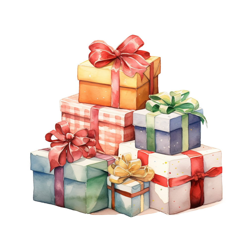 AI generated Pile of Giftboxes For Christmas Event. Watercolor Style. AI Generated png