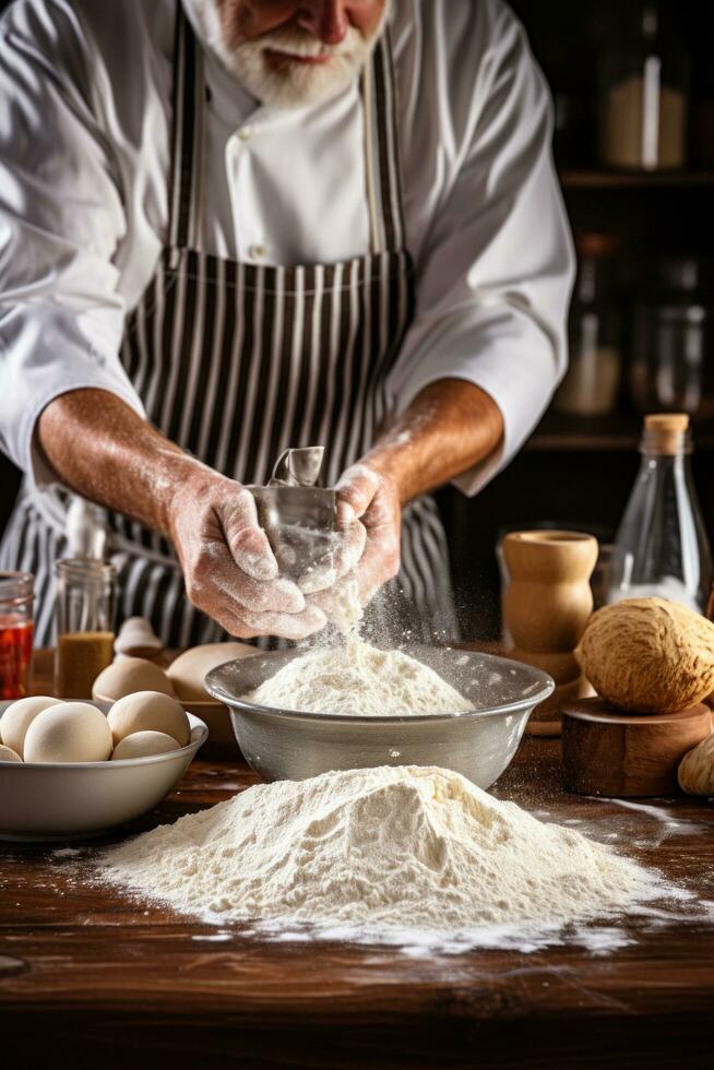 AI generated A candid shot of a baker dusting flour onto a work surface photo