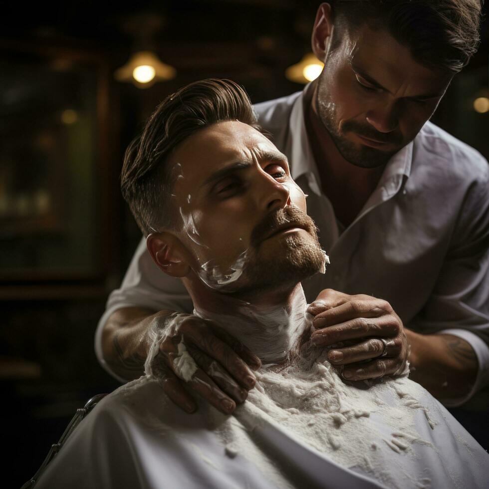 AI generated barber's face as he applies shaving cream to a client's neck, photo