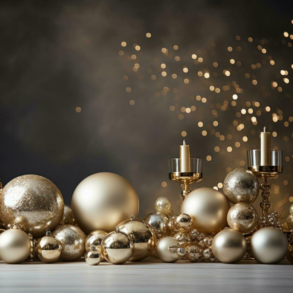 AI generated A classic Christmas backdrop featuring gold balls and plenty of negative space for copy photo