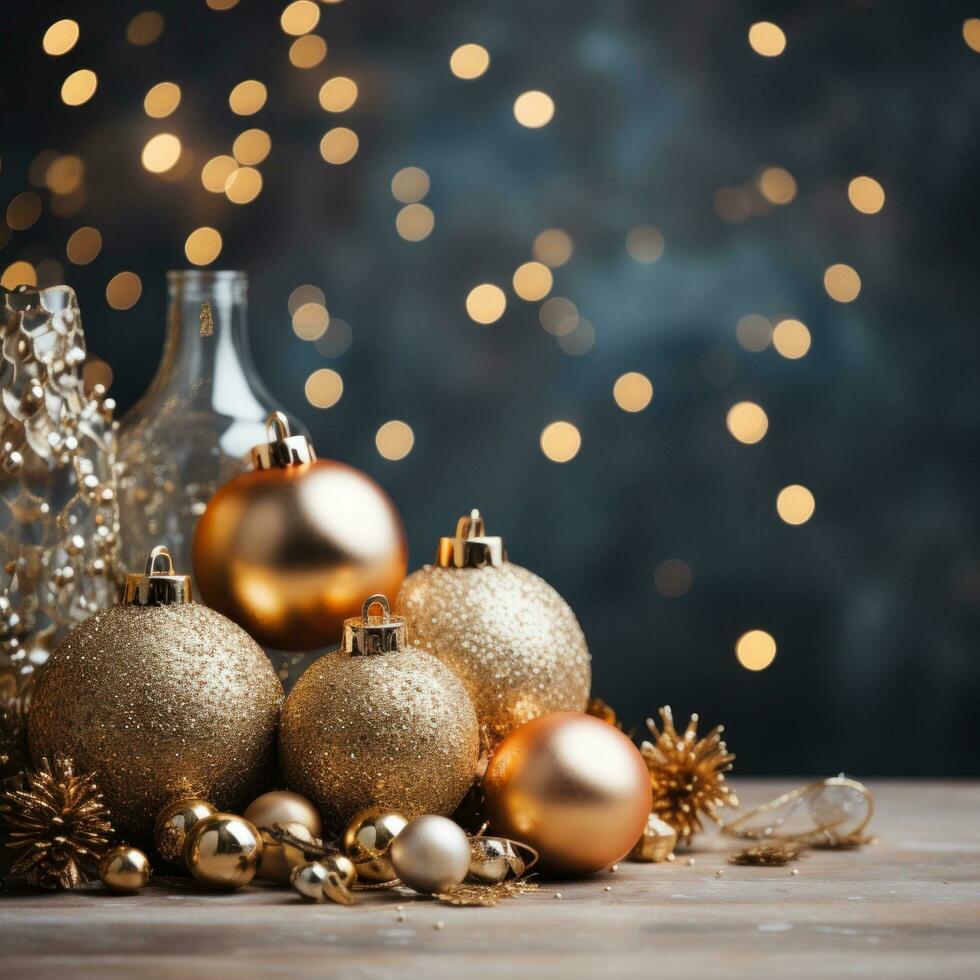 AI generated A classic Christmas backdrop featuring gold balls and plenty of negative space for copy photo