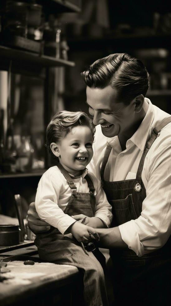 ai generado un negro y blanco foto de un Barbero corte un joven Niños pelo